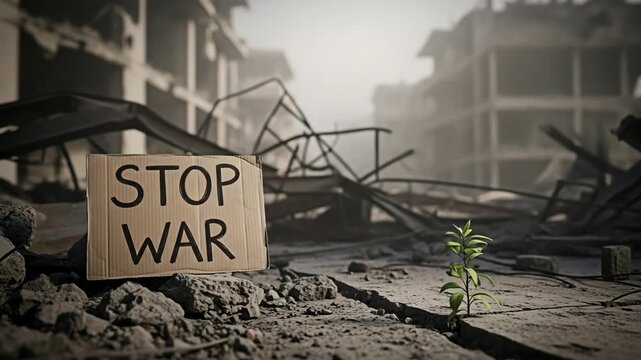 A stop war sign in a destroyed city for the concept of conflict and peace.