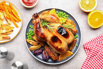 Tasty grilled chicken with rosemary and vegetables on grey table, flat lay