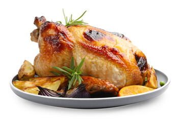 Tasty grilled chicken with rosemary and vegetables isolated on white