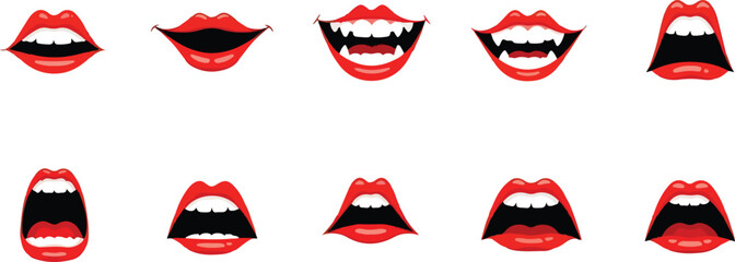 Red Lips Variety Emoticons Expressions Mouth Shapes and Teeth isolated