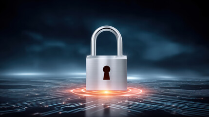 Secure silver padlock on glowing circuit board symbolizing data security and digital protection in futuristic network environment