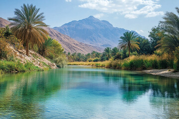 A desert oasis emerges like a mirage, where lush greenery and pristine waters contrast with arid expanse
