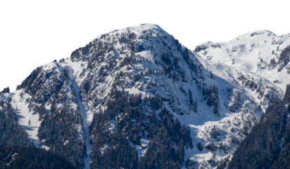 Mountain winter landscape in Canada. Mountain covered by ice, snow and trees isolated on transparent background. Winter mountain scenery at close distance. Mountain range at high elevation. PNG.