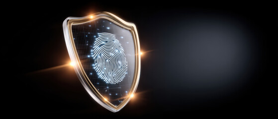 Secure biometric fingerprint on glowing shield symbolizing data security and identity protection in digital network