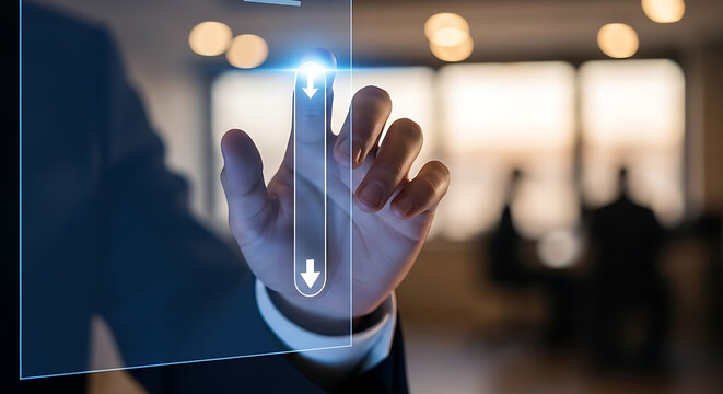 A hand interacting with a transparent screen displaying a scroll bar with arrows pointing down