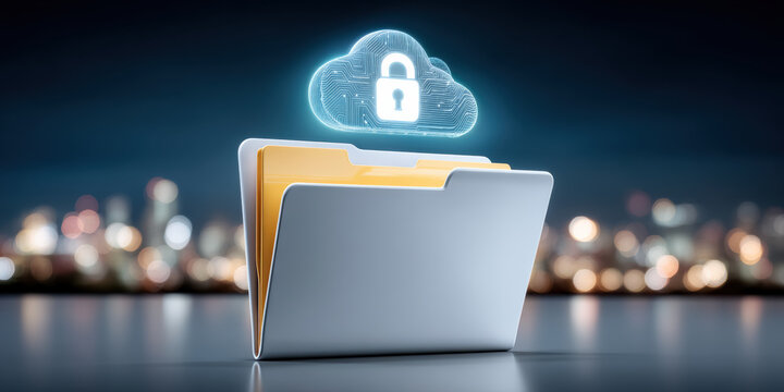 Secure cloud data folder with padlock icon and glowing circuit cloud above file folder conveying data security and protected information at night