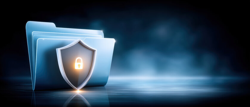 Secure folder concept with shield padlock data security protecting digital files and confidential information futuristic blue technology