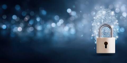 Secure padlock with biometric fingerprint overlay data security concept glowing background protecting digital access