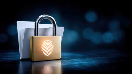 Secure folder concept showing padlock with fingerprint icon protecting data security and private file access in digital environment