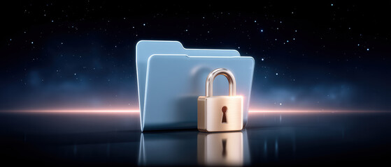 Secure folder concept data security with glowing folder and padlock in futuristic night sky scene conveying protection and trust