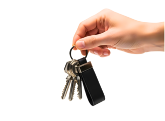 Hand holding house keys with small wooden tag isolated on transparent background