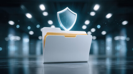 Secure data protection folder shield icon glowing in futuristic server room conveying data security and privacy reassurance