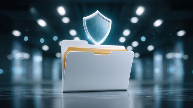 Secure data protection folder shield icon glowing in futuristic server room conveying data security and privacy reassurance