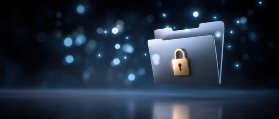 Secure folder and padlock symbol data security protecting confidential files digital cloud with bokeh light background conveying trust and privacy