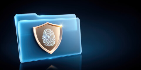Secure blue folder with shield fingerprint icon symbolizing data security and digital privacy protection dark background conveying trust and safety