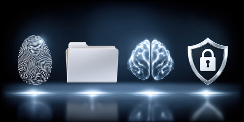 Data security concept with fingerprint folder brain and shield lock icon glowing on dark background conveying protection and privacy