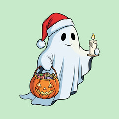 Cute Ghost with Santa Hat and Halloween Candy Basket