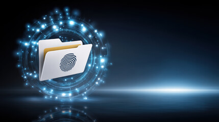 Secure data folder with fingerprint icon representing data security and digital privacy protection in futuristic glowing network sphere