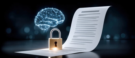 Secure data and privacy concept showing locked document and neural brain network representing security and trust while protecting information
