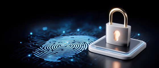 Secure digital fingerprint and data security concept showing padlock on circuit board glowing fingerprint pattern and protection