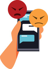 Hand holding mobile phone with chat and negative emoticons expressing anger and disappointment
