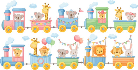 Colorful toy train with cute animals, cartoon style, festive party theme, children’s illustration, playful background, balloons, flags, hats, clouds