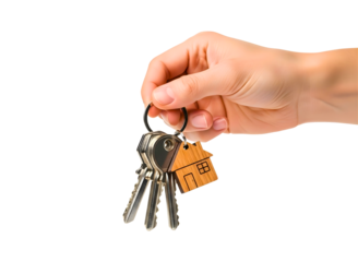 Hand holding house keys with small wooden tag isolated on transparent background