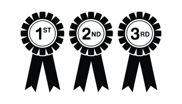 Three black rosettes with ribbons displaying 1st 2nd and 3rd place text award first place