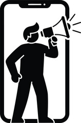 Man with megaphone inside smartphone screen announcing important news and information digitally