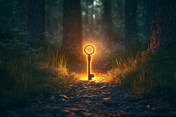 A glowing key unlocking a hidden path through the forest  