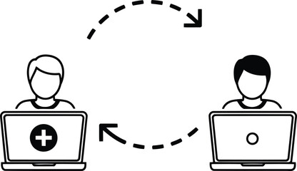 Connected people using laptops with arrows symbolizing data transfer and communication