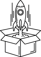 Fototapeta premium Rocket ship launching from open box symbolizing innovation and out of the box thinking