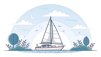 Serene sailboat gliding on calm water under a vast blue sky with fluffy clouds and distant trees