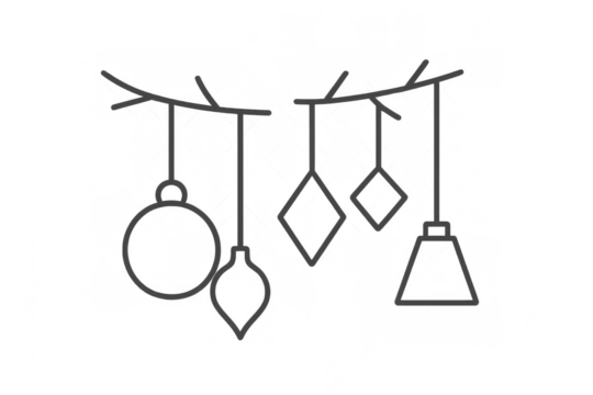 Christmas tree ornaments line art vector hanging on a branch, transparent background creating holiday festive decoration