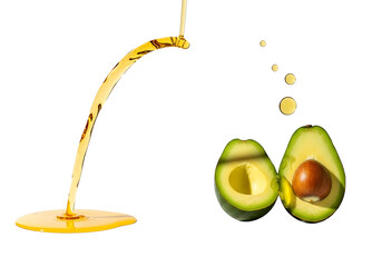 Avocado Oil Pouring Over Sliced Avocados on White Background.