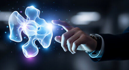 A hand touching a glowing puzzle piece with a bright light in a dark blurred background scene visible