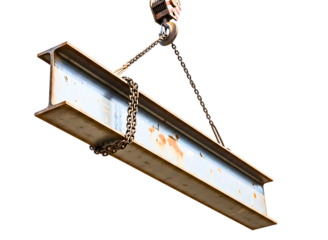 Steel i beam being lifted by a chain isolated on transparent background