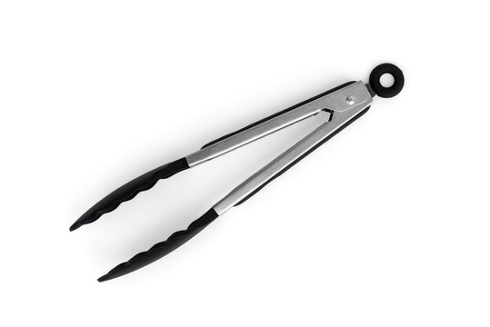 Black serving kitchen silicone tongs on a white background.