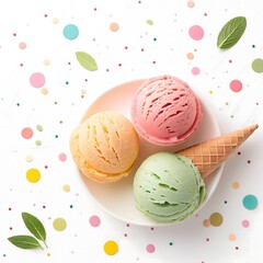 Three scoops of refreshing ice cream in a cone with colorful confetti and mint leaves on a white background