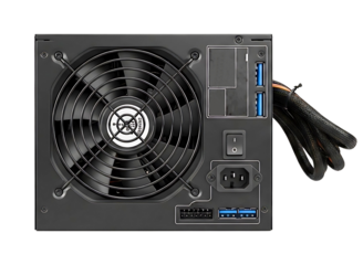Computer power supply unit with fan and cables isolated on transparent background