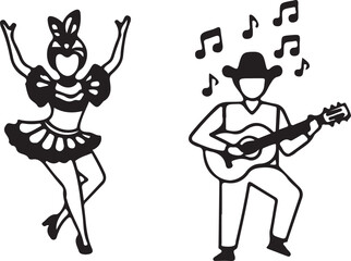 Dancer and musician performing on stage with musical notes