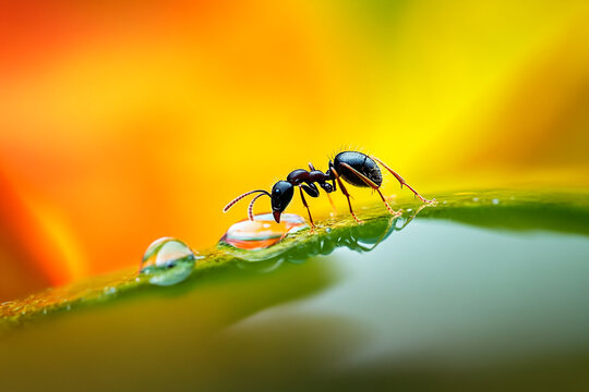 A dewdrop on an ant path, magnifying its tiny legs