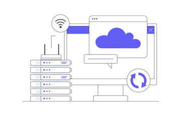 Understanding Cloud Computing and Data Management. Upload cloud server data transfer, wifi. Flat Cartoon Vector Illustration, icon Stylish abstract design landing page web