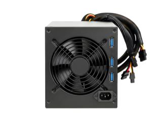 Computer power supply unit with fan and cables isolated on transparent background