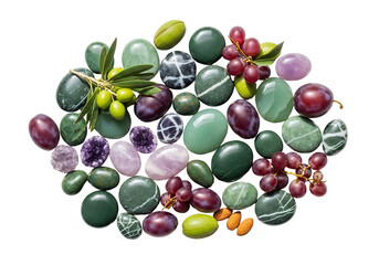 Collection of Polished Stones Olives and Berries on White Background.