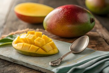 Fresh ripe mango fruit halved and cubed with spoon on rustic wooden table