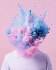 Person in white shirt with exploding colorful powder, pink and blue hues, isolated against solid background