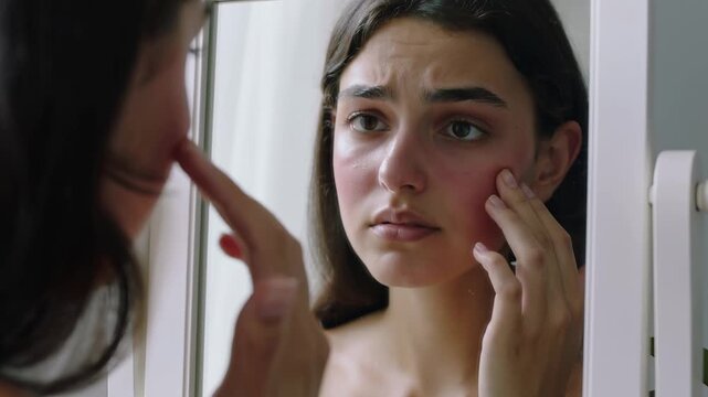 Worried woman examining her face in the mirror after experiencing a skin allergic reaction with visible redness and irritation.