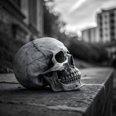A detailed black and white close up of a human skull resting on a textured stone surface with an urban background