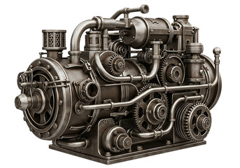 Fototapeta premium Intricate steampunk engine isolated on transparent background, showcasing complex gears